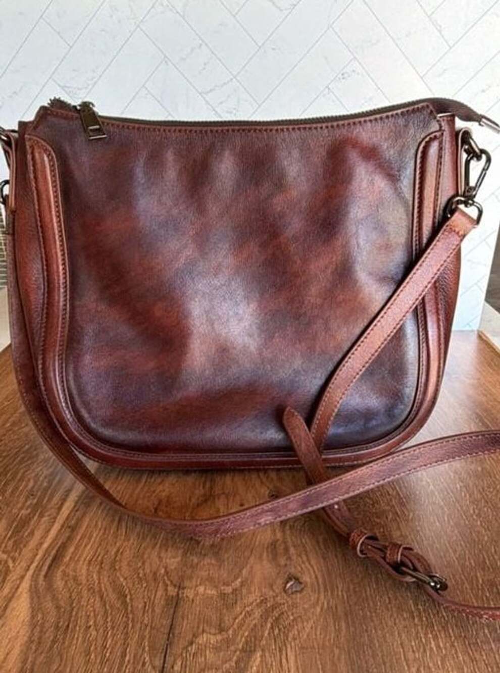 Coolcy Brown Genuine Leather Hobo Crossbody Bag